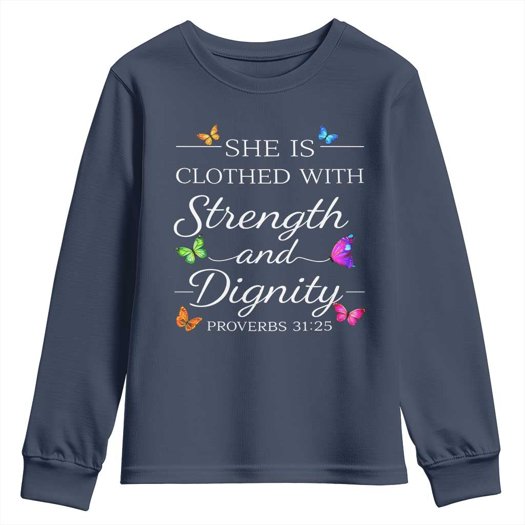 Christian Jesus Youth Sweatshirt Strength Dignity Encouraging Bible Verse Proverb Butterfly Art