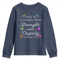Christian Jesus Youth Sweatshirt Strength Dignity Encouraging Bible Verse Proverb Butterfly Art