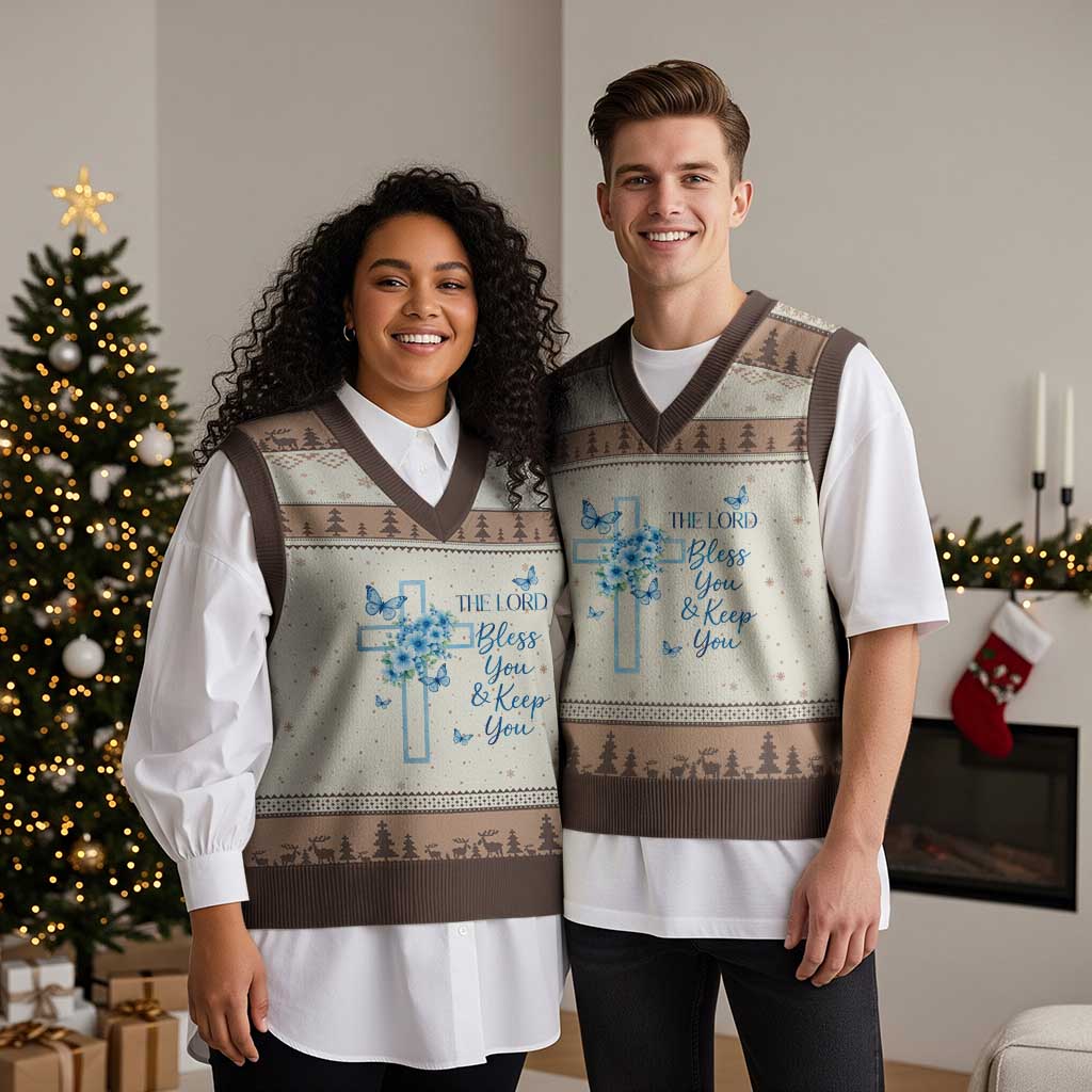 Christian Jesus V-Neck Knit Sweater Vest The Lord Bless You Encouraging Bible Verse Butterfly Art