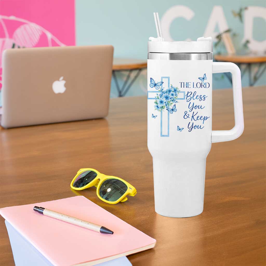 Christian Jesus Tumbler With Handle The Lord Bless You Encouraging Bible Verse Butterfly Art