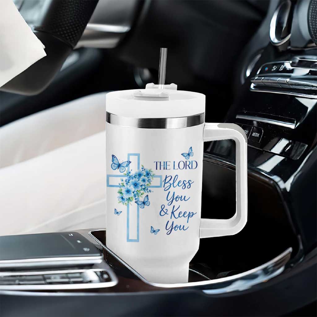 Christian Jesus Tumbler With Handle The Lord Bless You Encouraging Bible Verse Butterfly Art