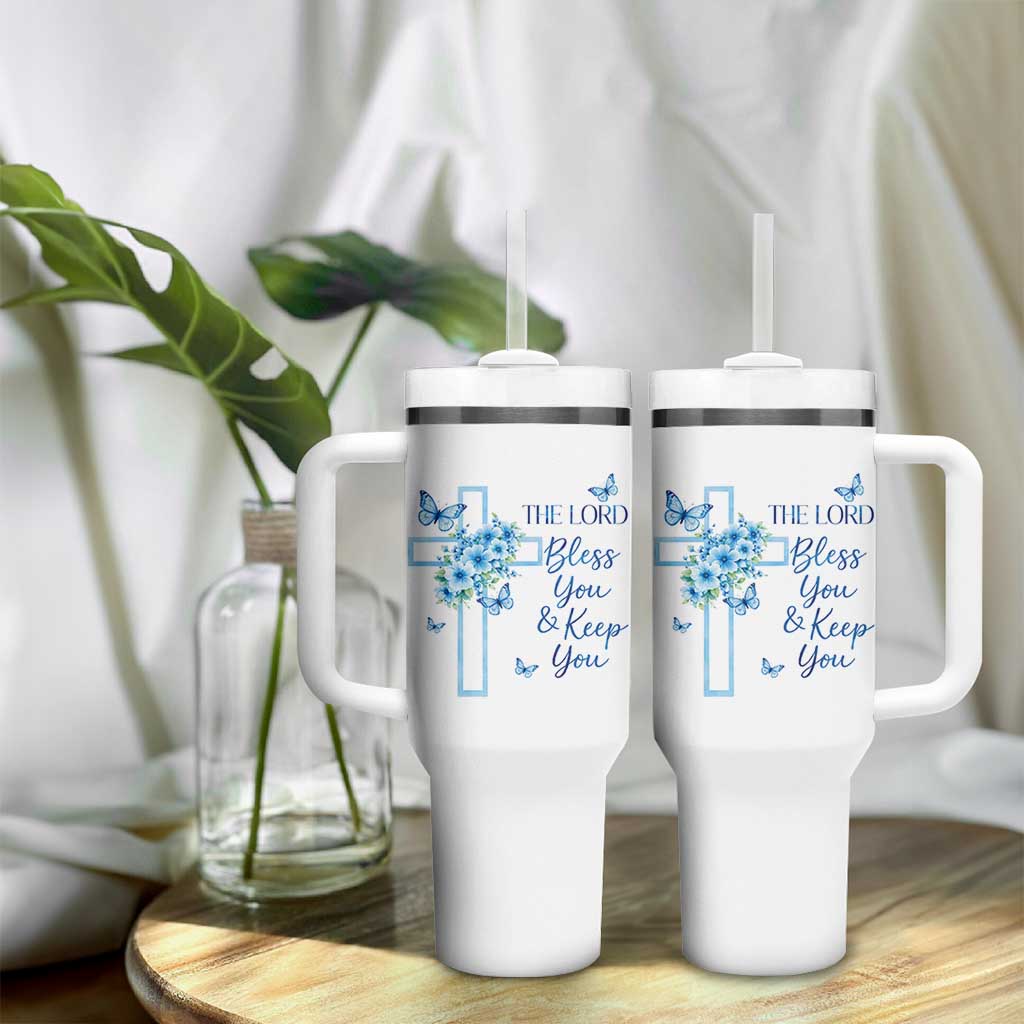 Christian Jesus Tumbler With Handle The Lord Bless You Encouraging Bible Verse Butterfly Art