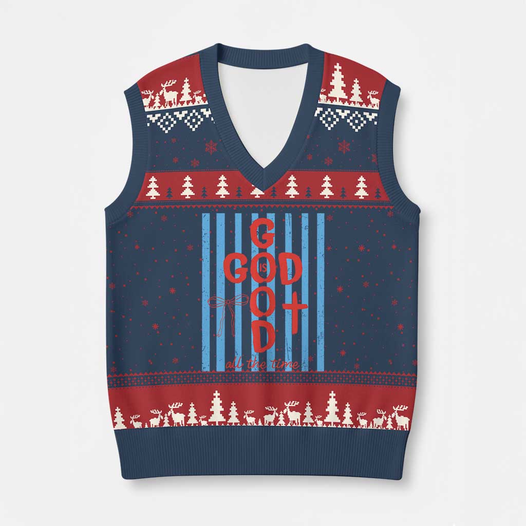 Christian Jesus Lovers V-Neck Knit Sweater Vest Striped Preppy God Is Good All The Time