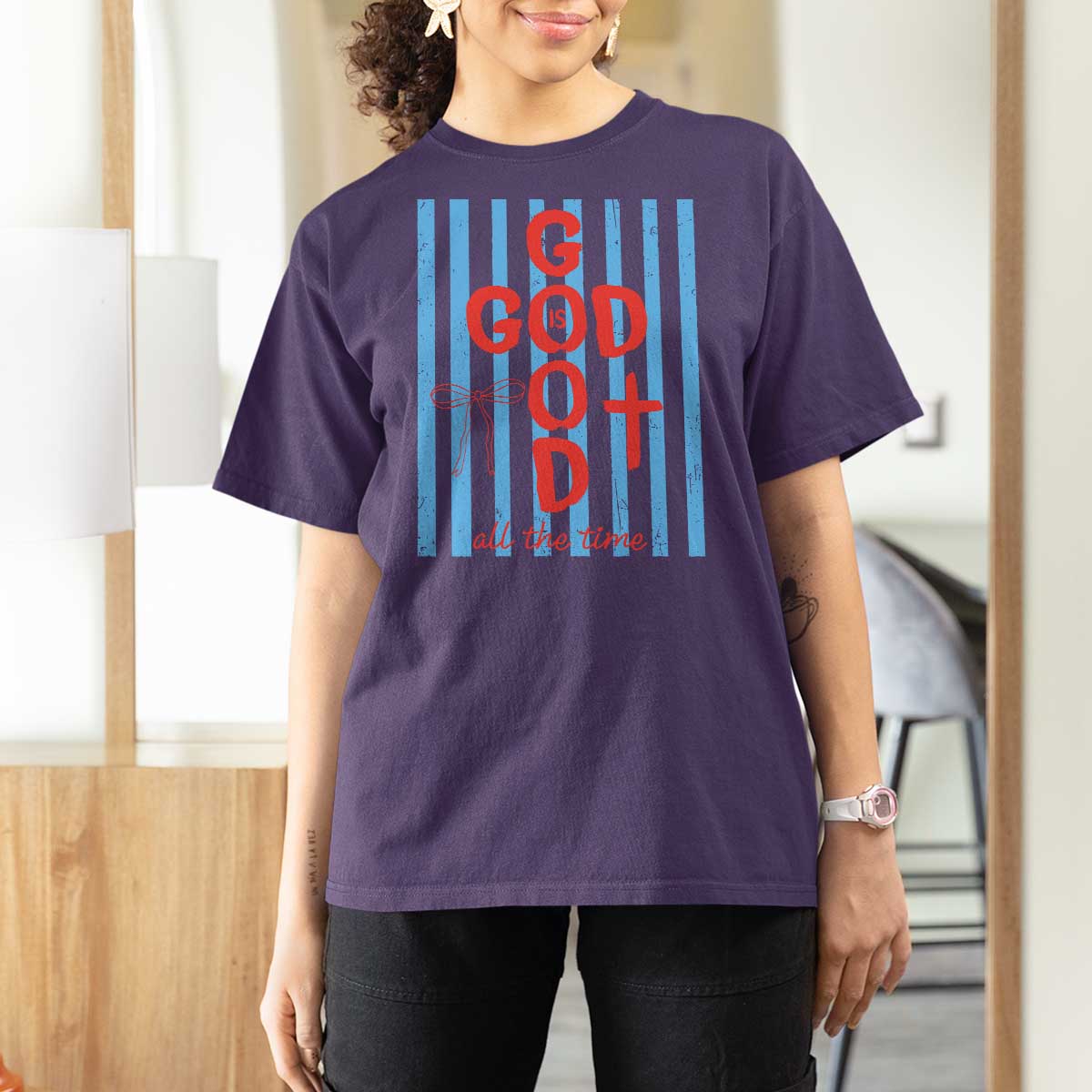 Christian Jesus Lovers T Shirt For Women Striped Preppy God Is Good All The Time
