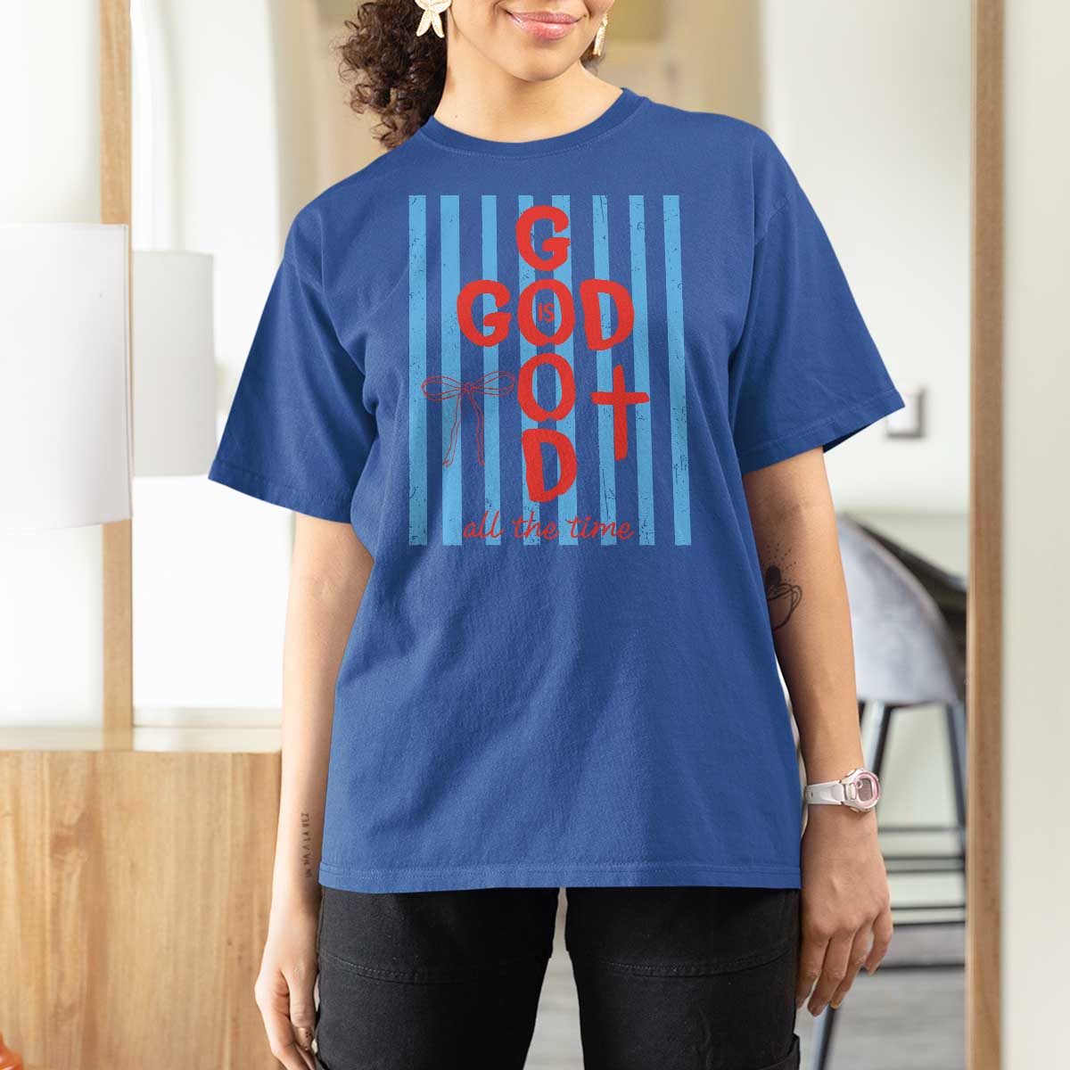Christian Jesus Lovers T Shirt For Women Striped Preppy God Is Good All The Time