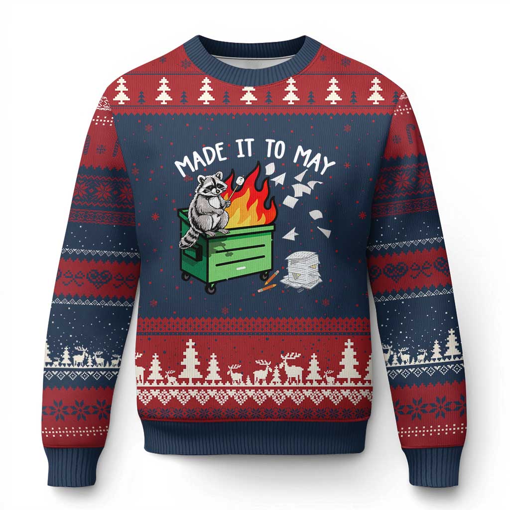 Last Day of School Ugly Christmas Sweater Funny Raccoon Dumpster Fire Made It To May Teacher