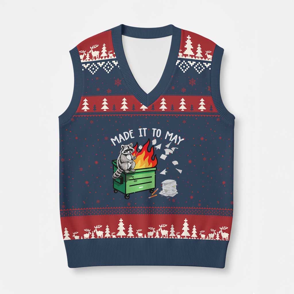 Last Day of School V-Neck Knit Sweater Vest Funny Raccoon Dumpster Fire Made It To May Teacher