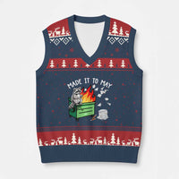Last Day of School V-Neck Knit Sweater Vest Funny Raccoon Dumpster Fire Made It To May Teacher