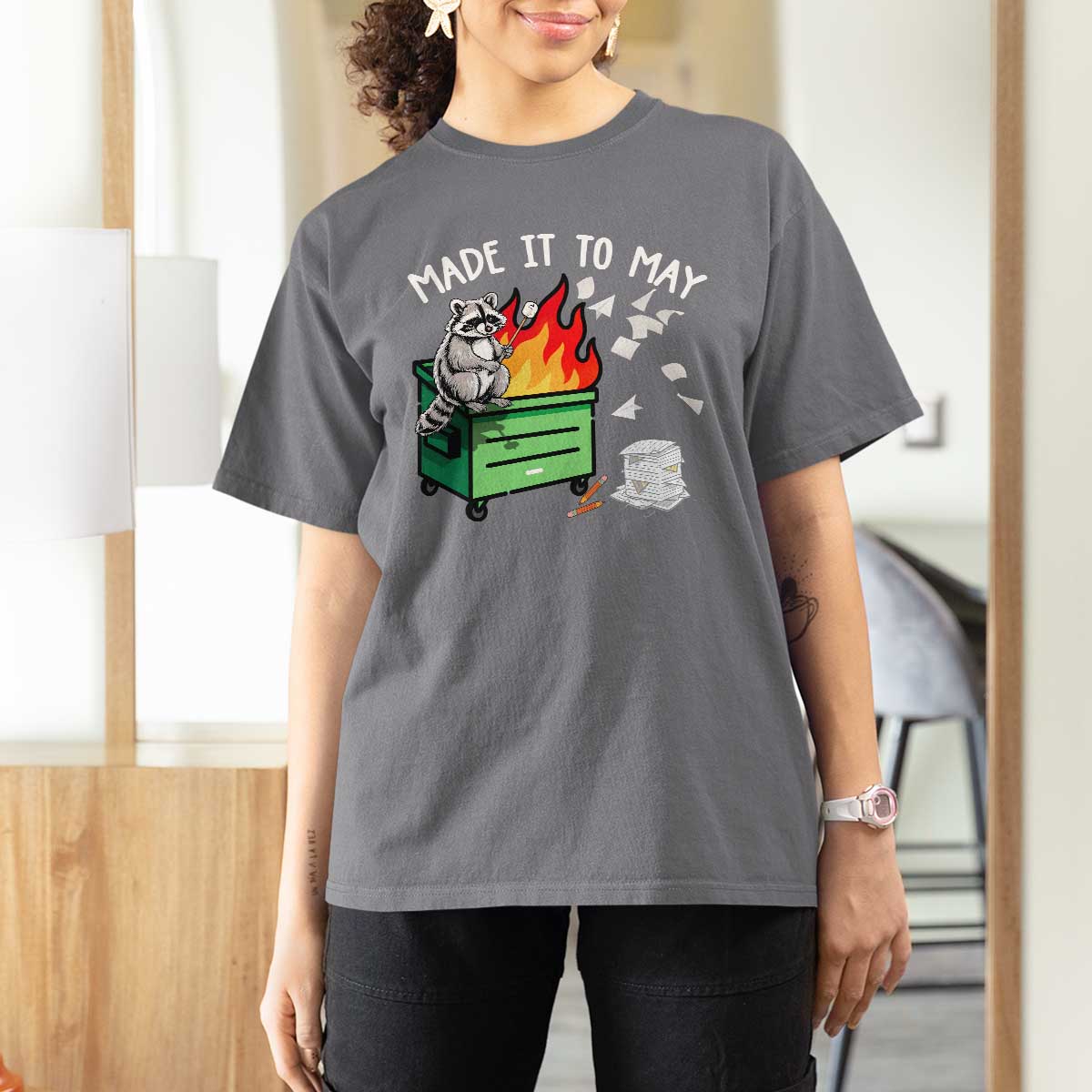 Last Day of School T Shirt For Women Funny Raccoon Dumpster Fire Made It To May Teacher