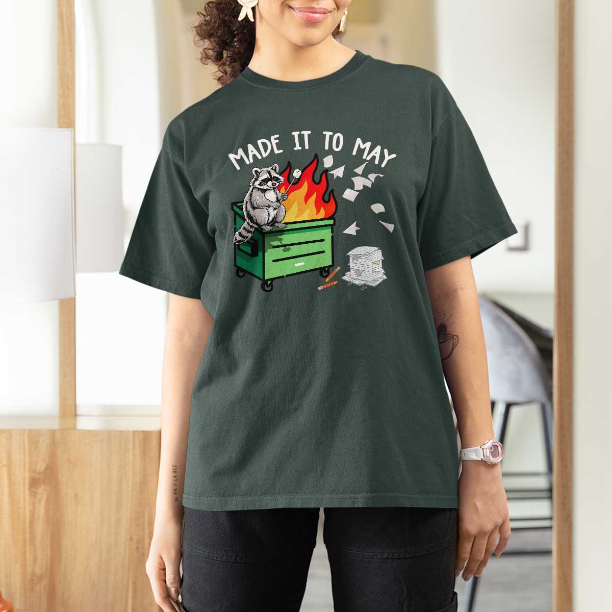 Last Day of School T Shirt For Women Funny Raccoon Dumpster Fire Made It To May Teacher