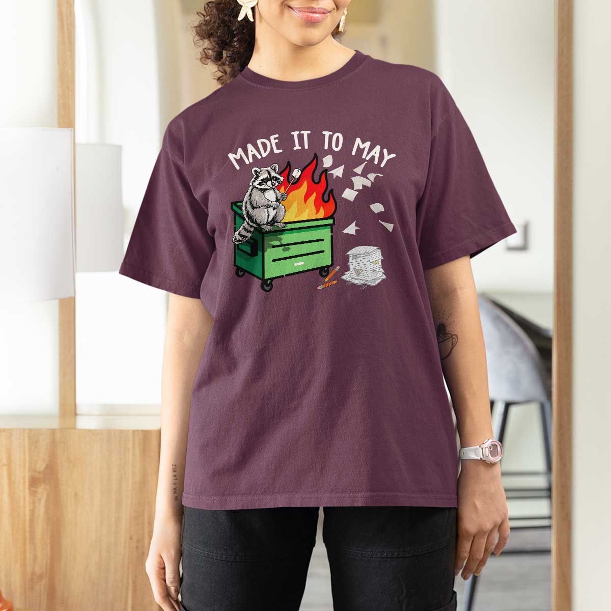 Last Day of School T Shirt For Women Funny Raccoon Dumpster Fire Made It To May Teacher