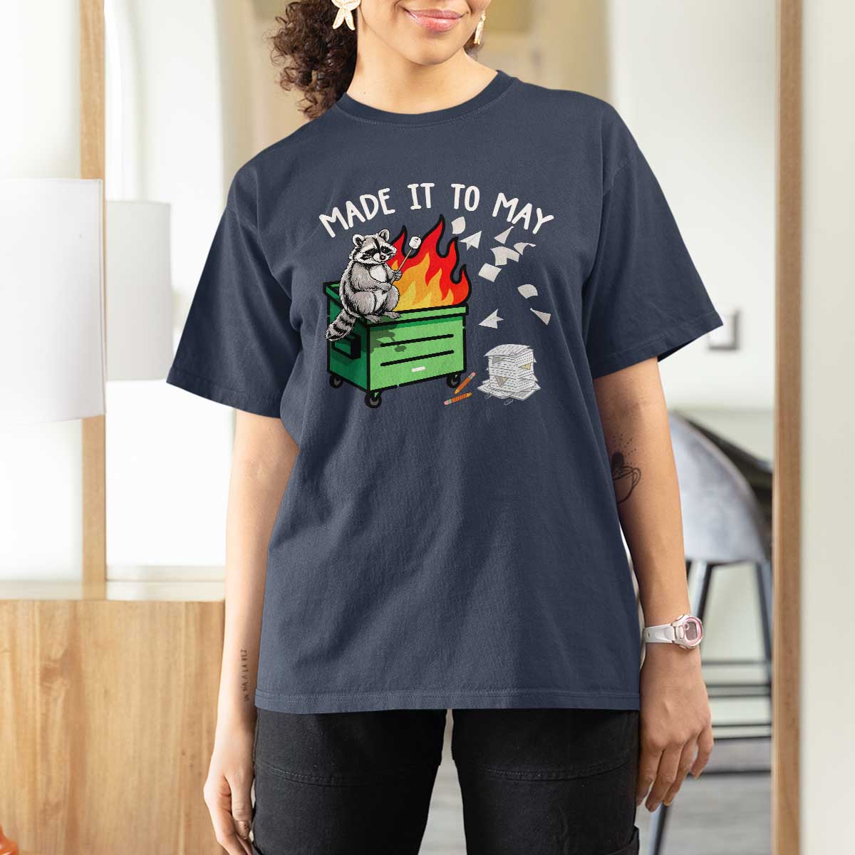 Last Day of School T Shirt For Women Funny Raccoon Dumpster Fire Made It To May Teacher