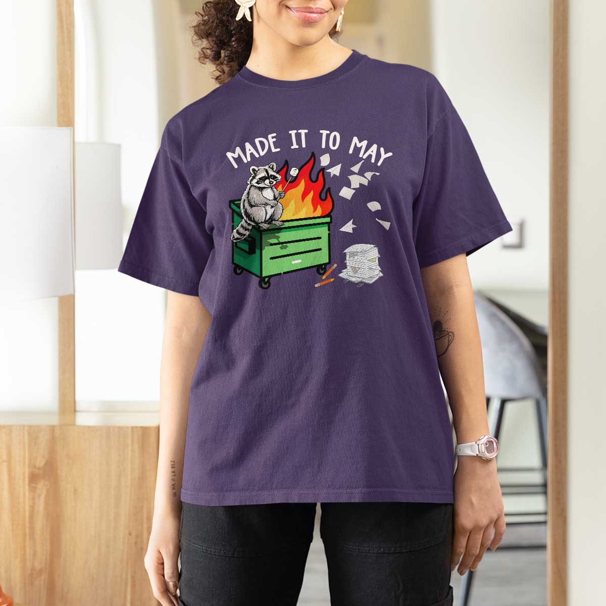 Last Day of School T Shirt For Women Funny Raccoon Dumpster Fire Made It To May Teacher