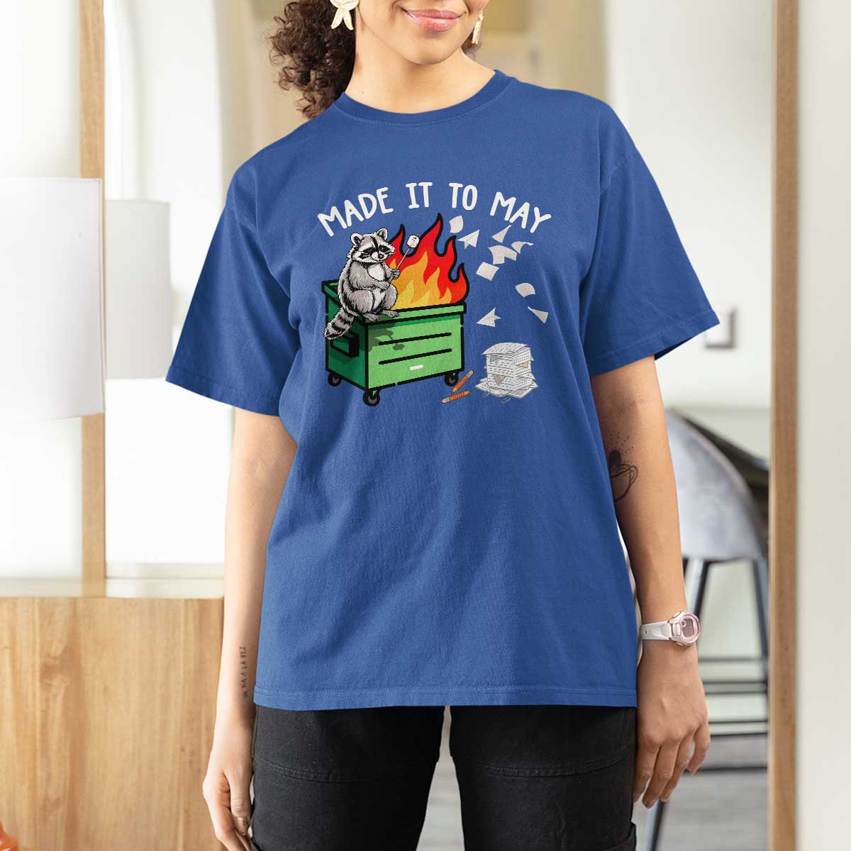 Last Day of School T Shirt For Women Funny Raccoon Dumpster Fire Made It To May Teacher