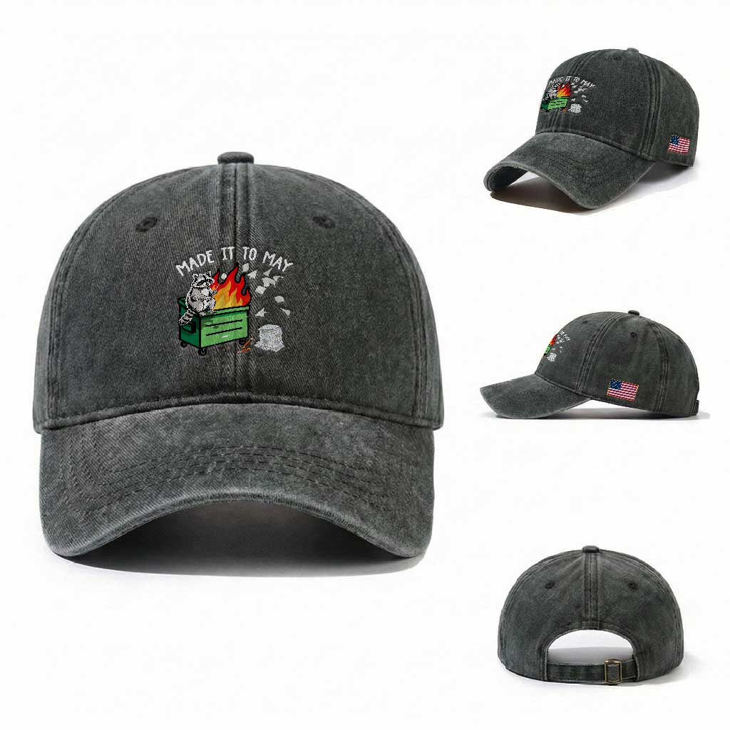Last Day of School Washed Cotton Baseball Cap Funny Raccoon Dumpster Fire Made It To May Teacher