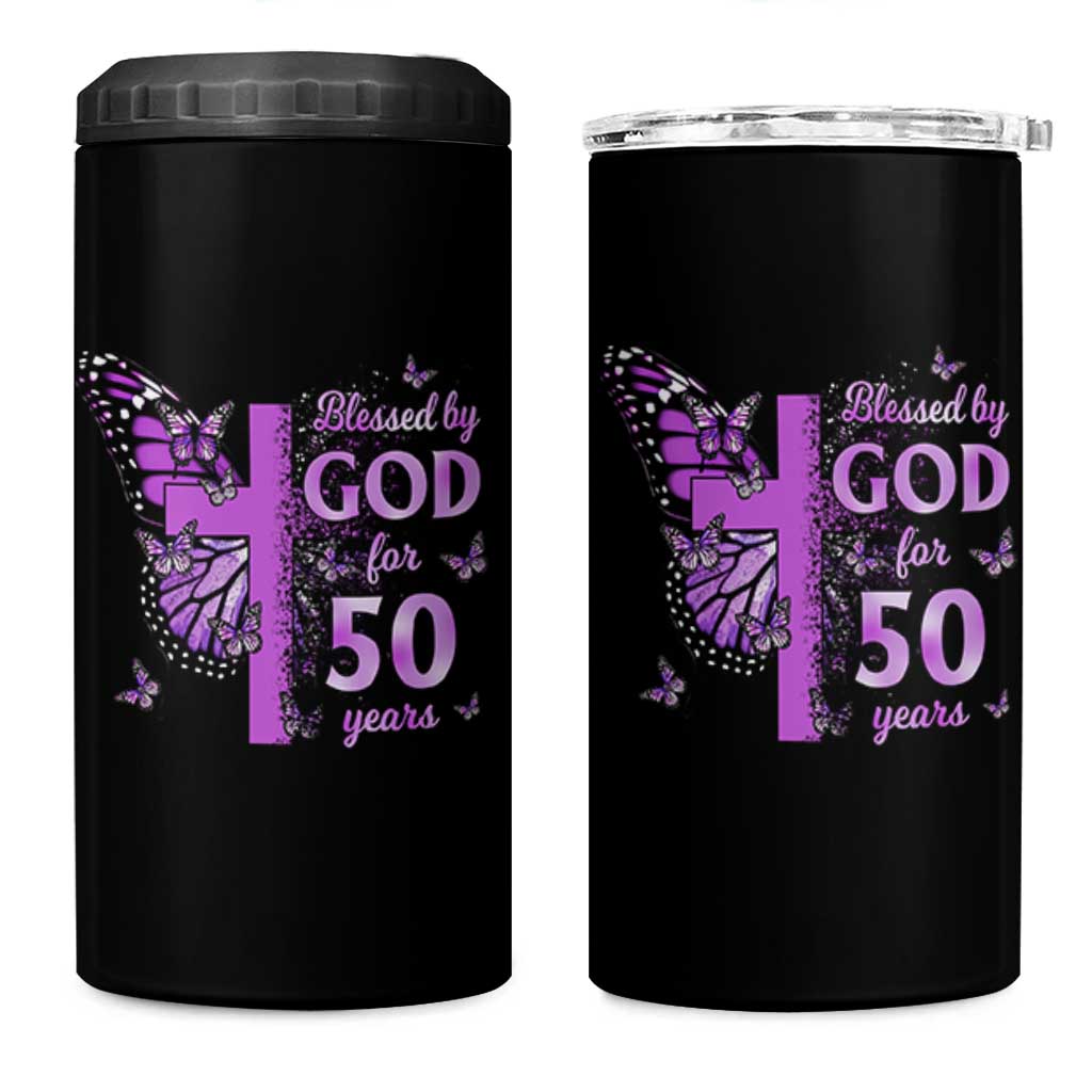 50th Birthday Gifts For Her 4 in 1 Can Cooler Tumbler Blessed By God For 50 Years Christian Butterfly Cross