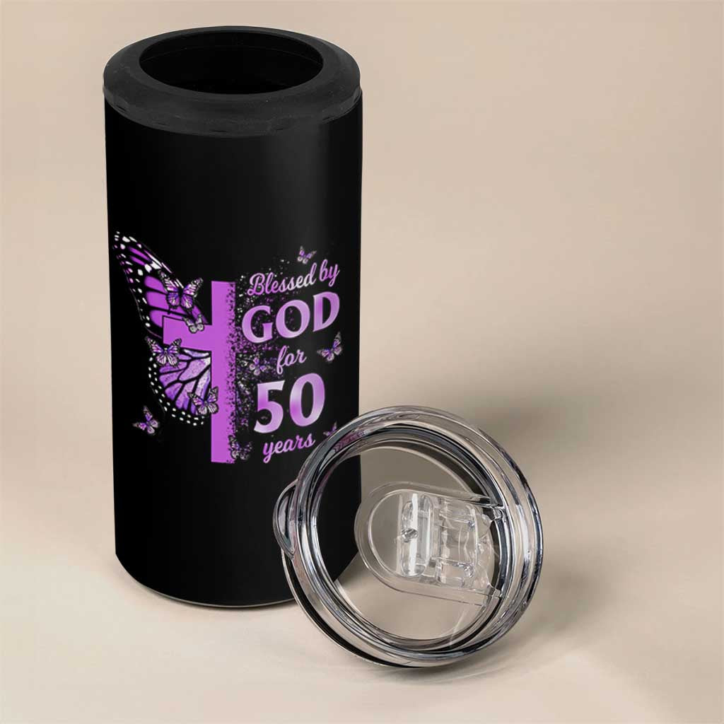 50th Birthday Gifts For Her 4 in 1 Can Cooler Tumbler Blessed By God For 50 Years Christian Butterfly Cross