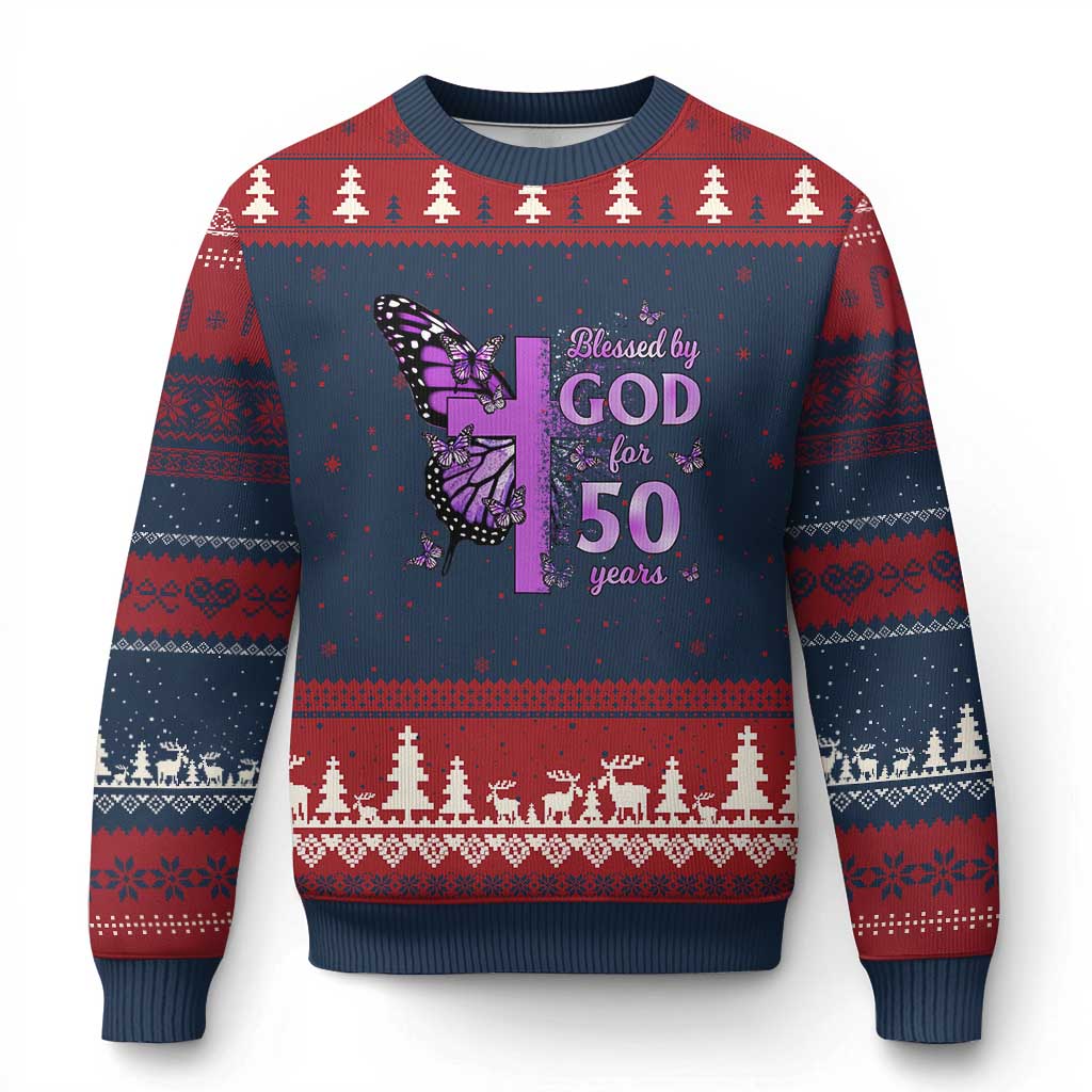 50th Birthday Gifts For Her Ugly Christmas Sweater Blessed By God For 50 Years Christian Butterfly Cross
