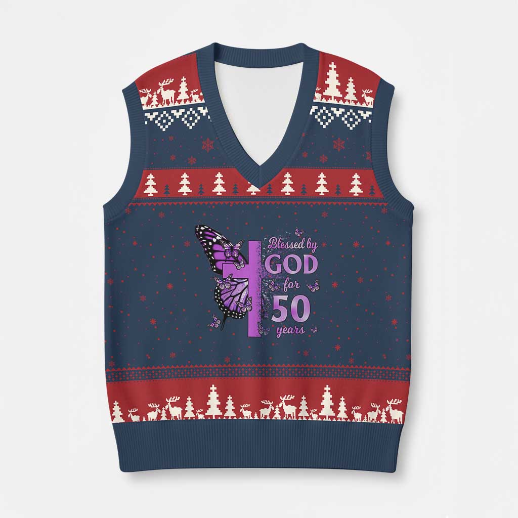 50th Birthday Gifts For Her V-Neck Knit Sweater Vest Blessed By God For 50 Years Christian Butterfly Cross
