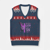 50th Birthday Gifts For Her V-Neck Knit Sweater Vest Blessed By God For 50 Years Christian Butterfly Cross