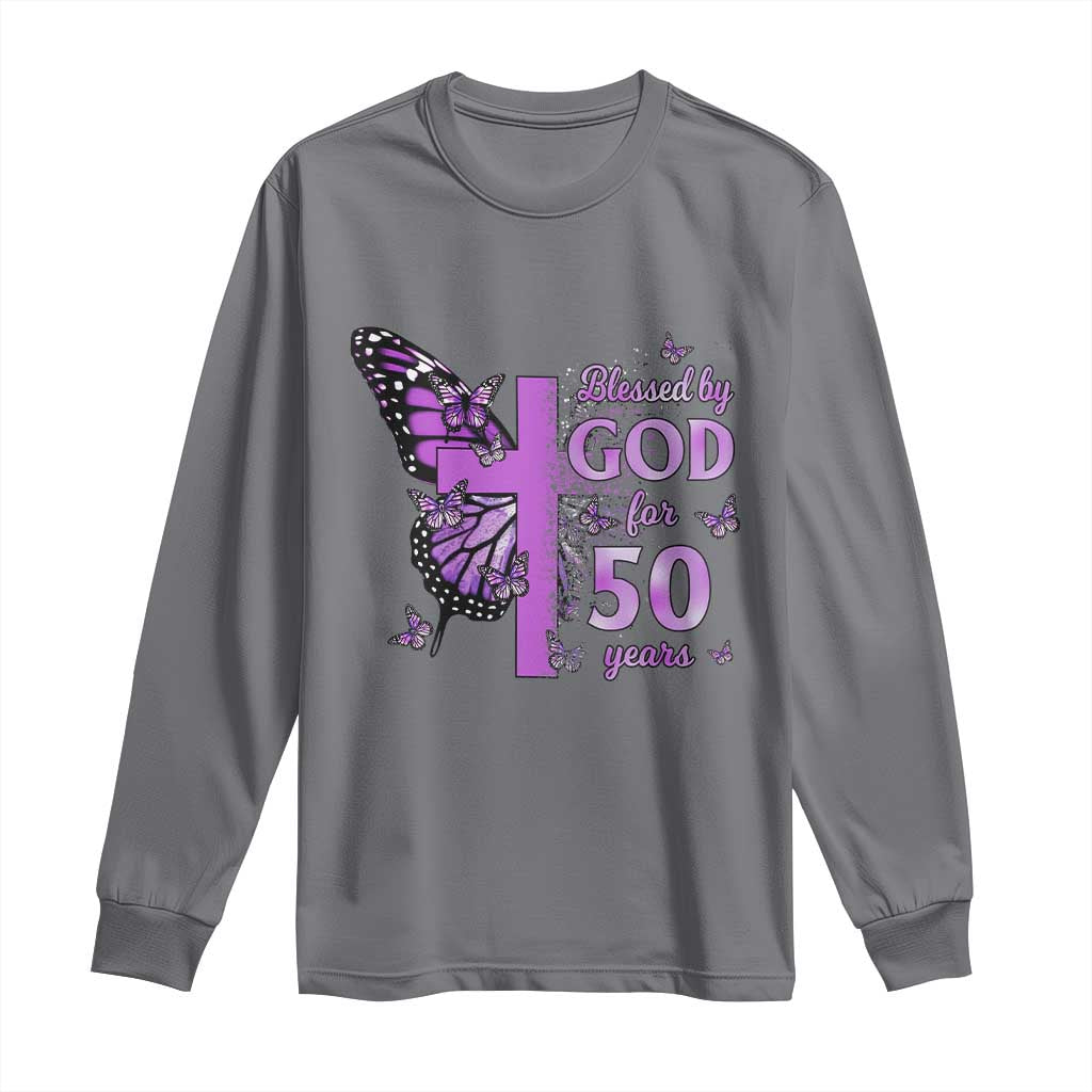50th Birthday Gifts For Her Long Sleeve Shirt Blessed By God For 50 Years Christian Butterfly Cross