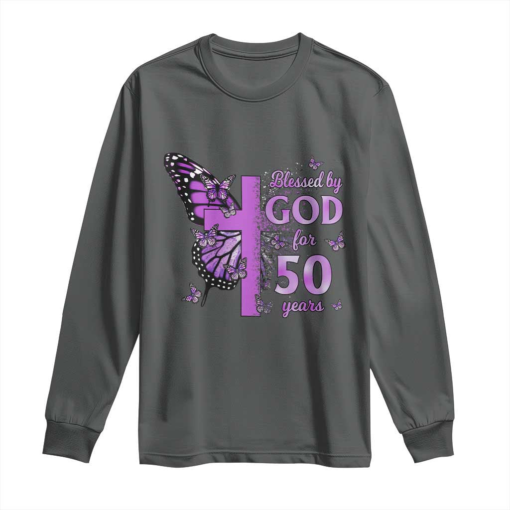 50th Birthday Gifts For Her Long Sleeve Shirt Blessed By God For 50 Years Christian Butterfly Cross