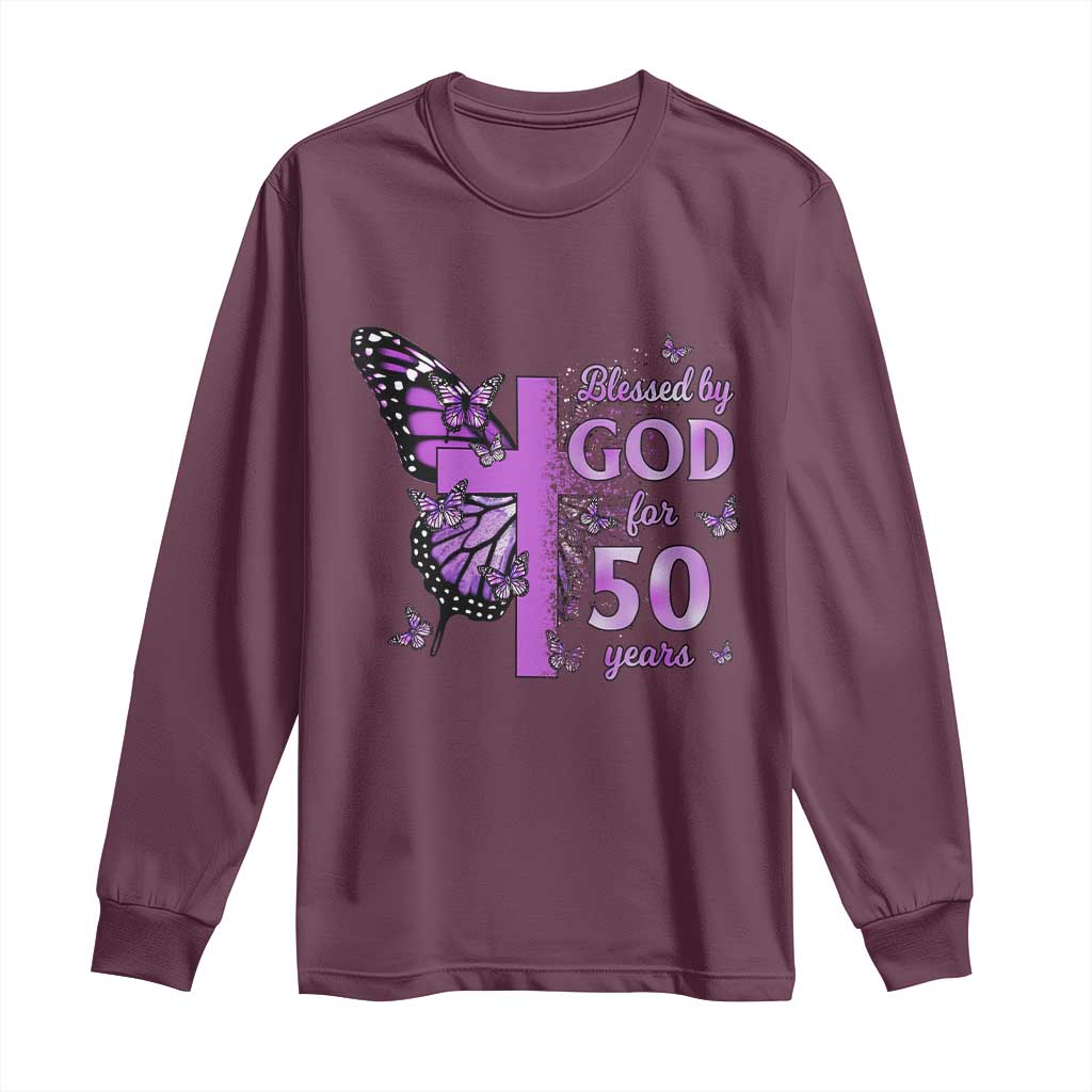 50th Birthday Gifts For Her Long Sleeve Shirt Blessed By God For 50 Years Christian Butterfly Cross