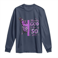 50th Birthday Gifts For Her Long Sleeve Shirt Blessed By God For 50 Years Christian Butterfly Cross