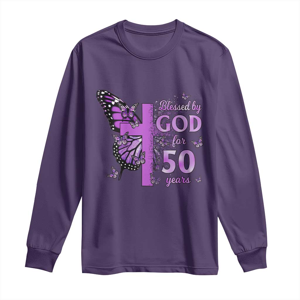 50th Birthday Gifts For Her Long Sleeve Shirt Blessed By God For 50 Years Christian Butterfly Cross