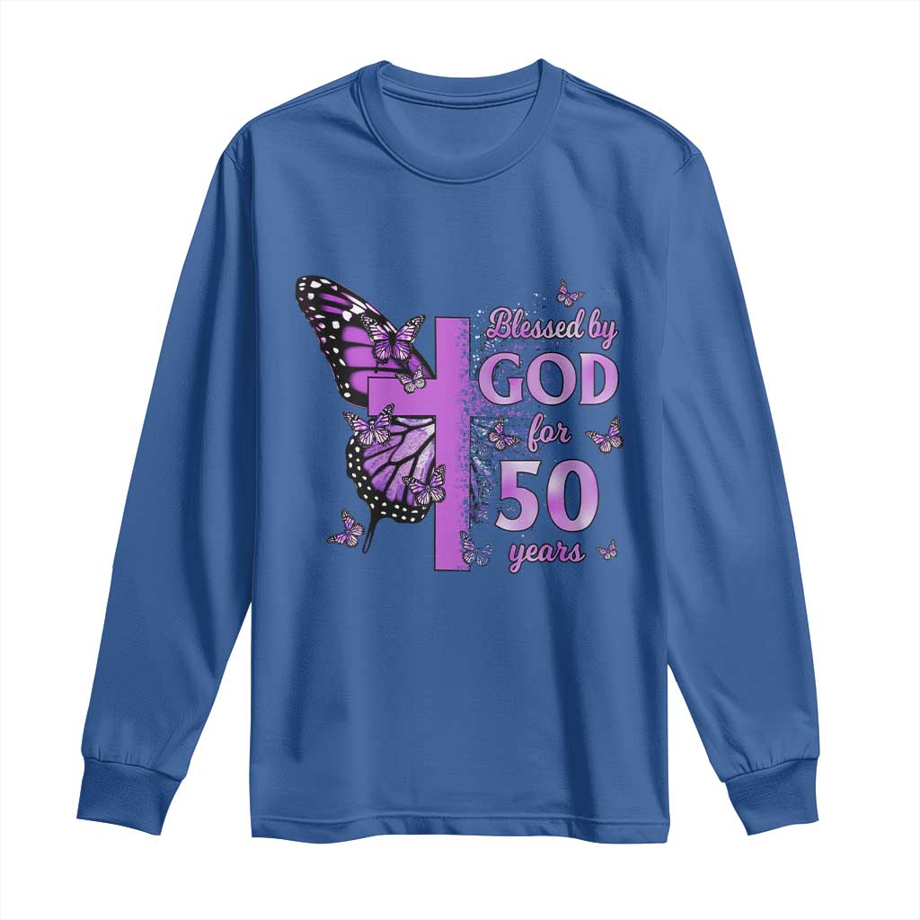 50th Birthday Gifts For Her Long Sleeve Shirt Blessed By God For 50 Years Christian Butterfly Cross
