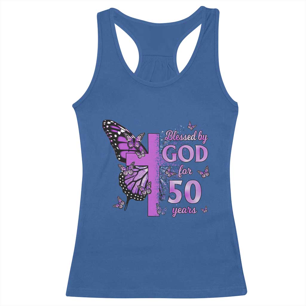 50th Birthday Gifts For Her Racerback Tank Top Blessed By God For 50 Years Christian Butterfly Cross