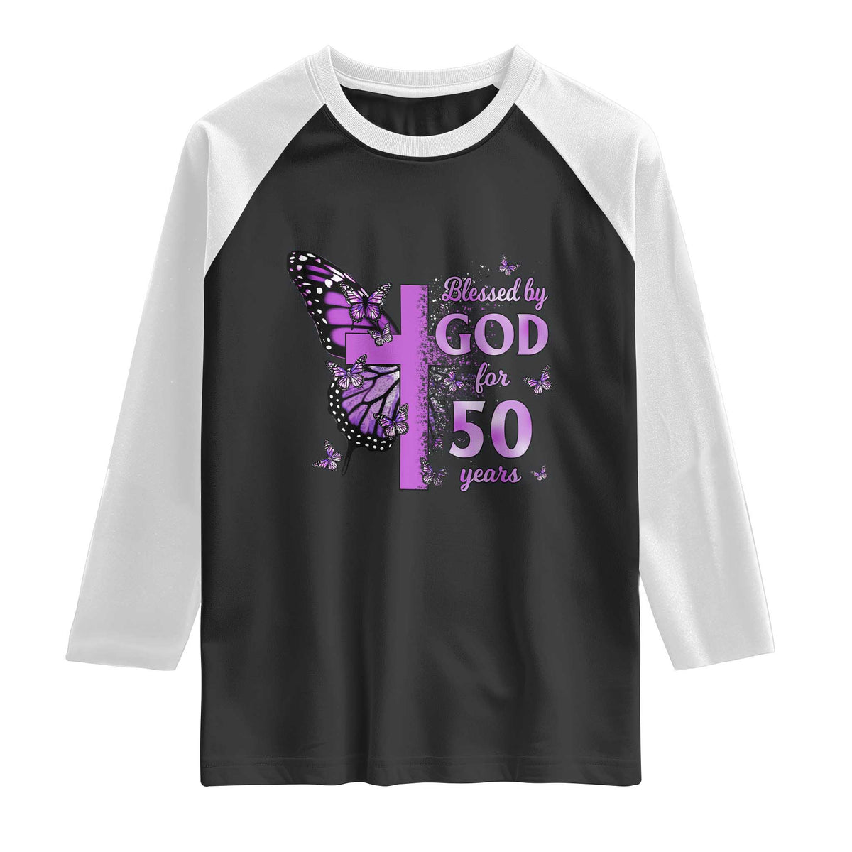 50th Birthday Gifts For Her Raglan Shirt Blessed By God For 50 Years Christian Butterfly Cross