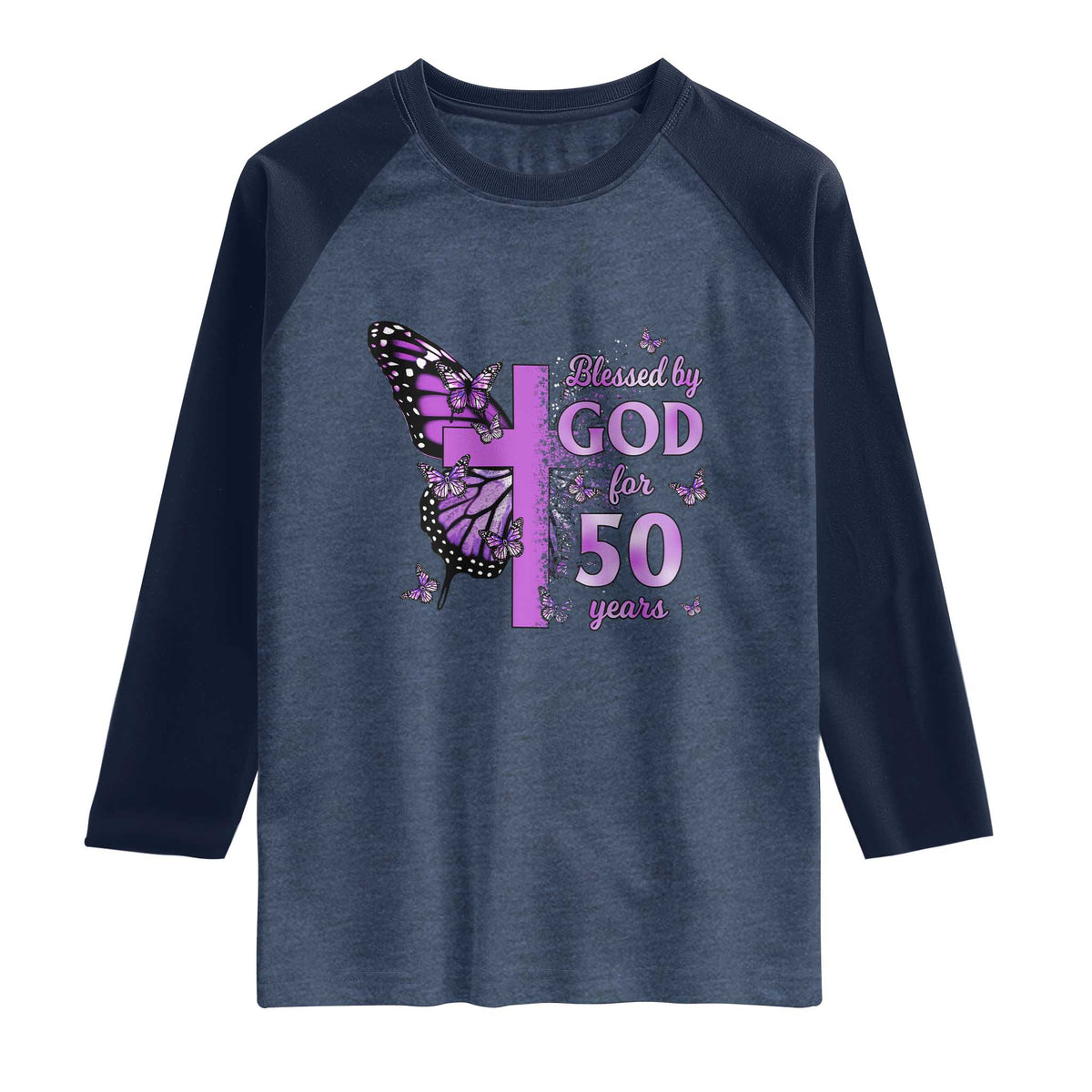 50th Birthday Gifts For Her Raglan Shirt Blessed By God For 50 Years Christian Butterfly Cross
