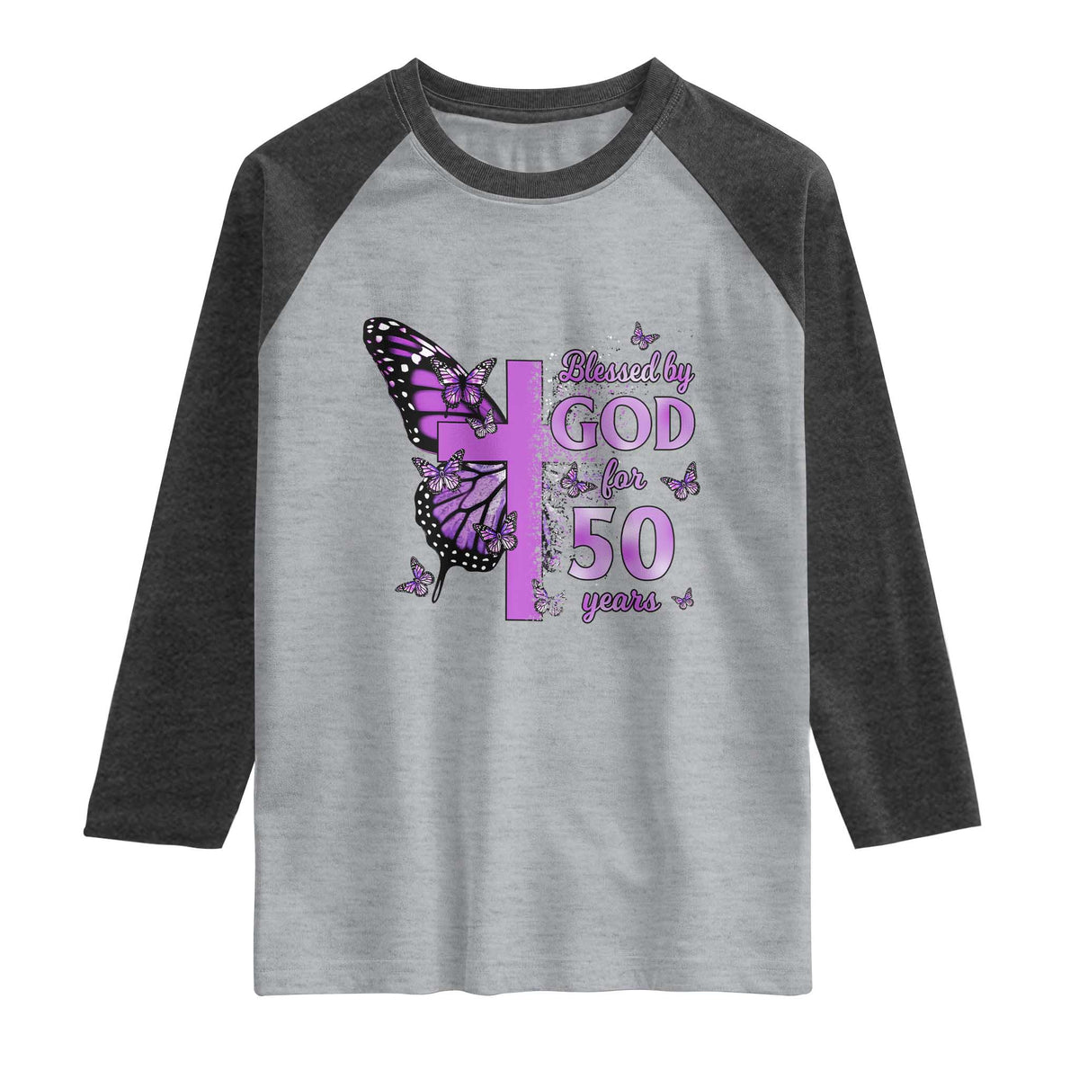 50th Birthday Gifts For Her Raglan Shirt Blessed By God For 50 Years Christian Butterfly Cross