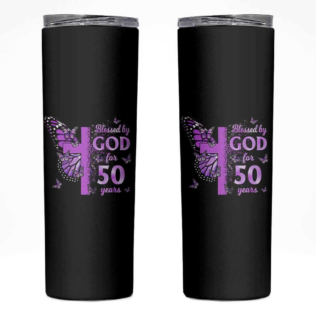 50th Birthday Gifts For Her Skinny Tumbler Blessed By God For 50 Years Christian Butterfly Cross