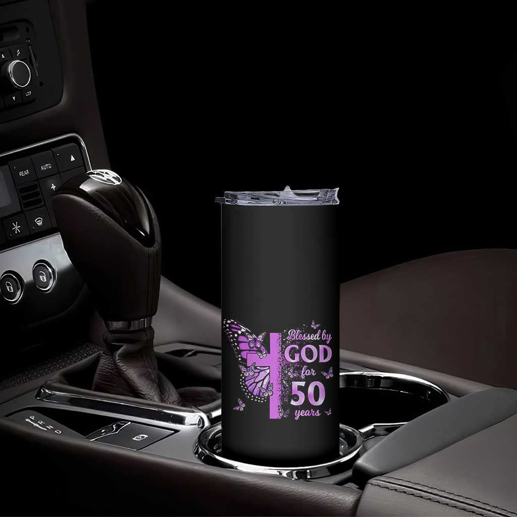 50th Birthday Gifts For Her Skinny Tumbler Blessed By God For 50 Years Christian Butterfly Cross