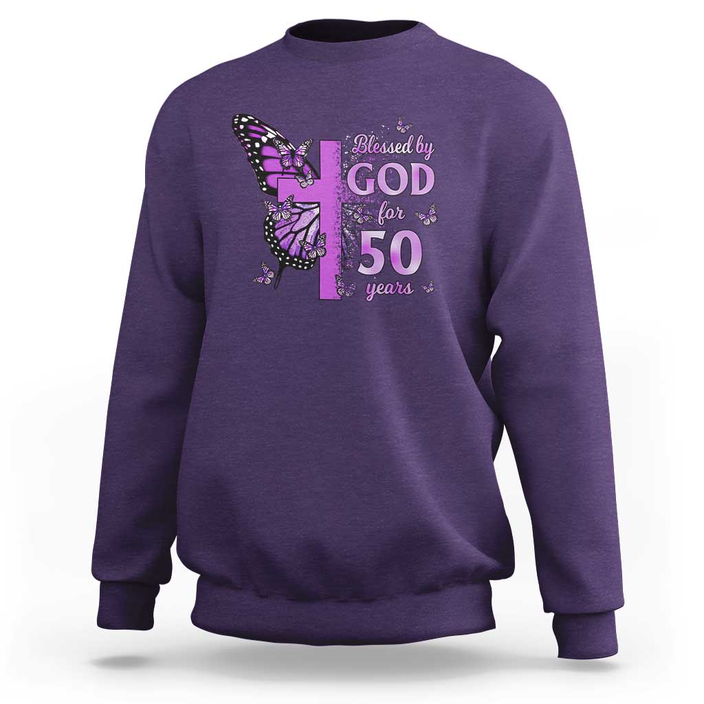 50th Birthday Gifts For Her Sweatshirt Blessed By God For 50 Years Christian Butterfly Cross