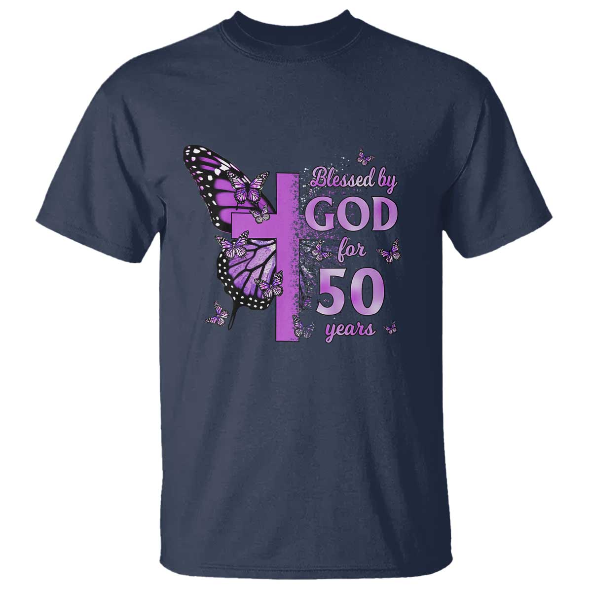 50th Birthday Gifts For Her T Shirt Blessed By God For 50 Years Christian Butterfly Cross