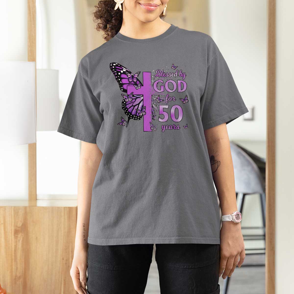 50th Birthday Gifts For Her T Shirt For Women Blessed By God For 50 Years Christian Butterfly Cross