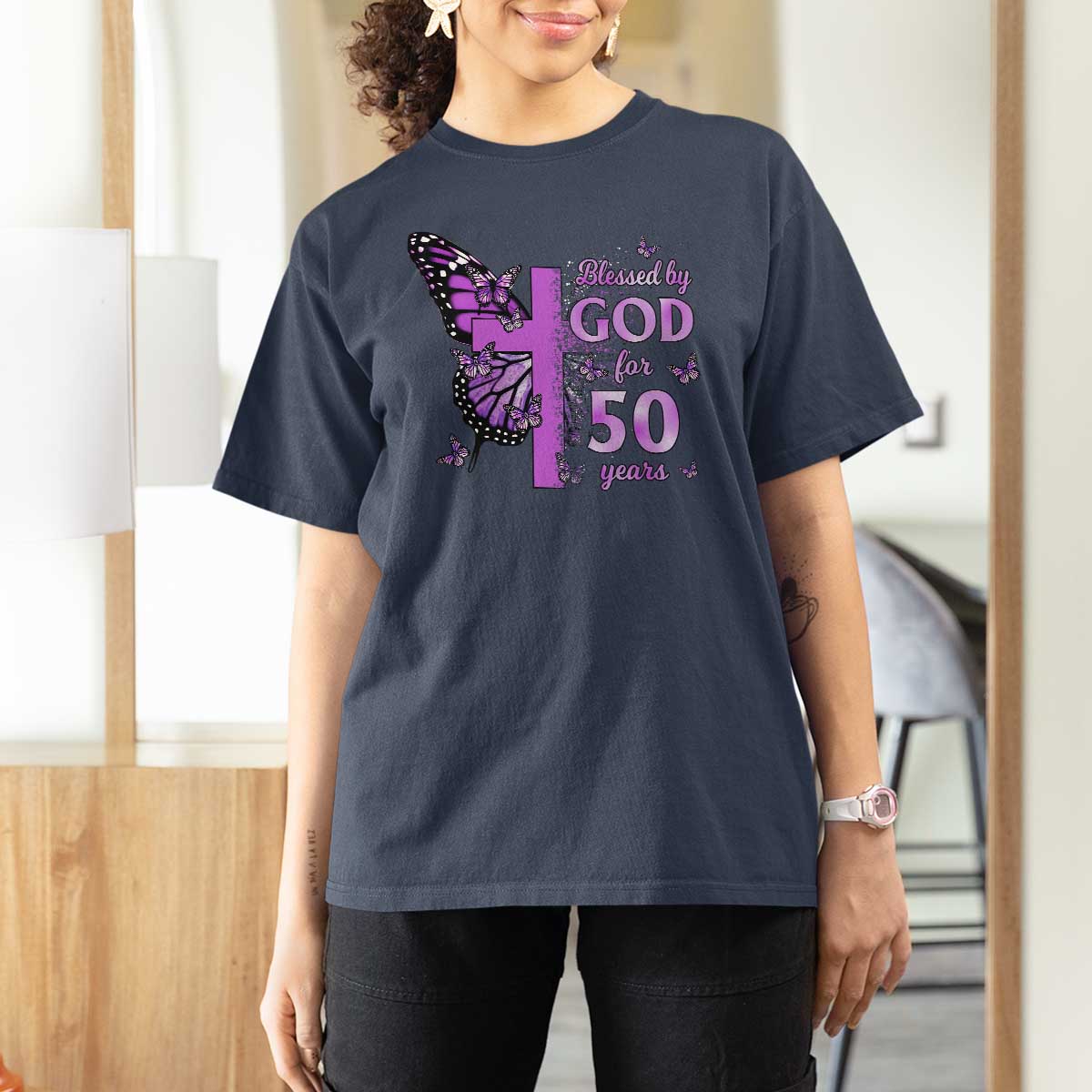 50th Birthday Gifts For Her T Shirt For Women Blessed By God For 50 Years Christian Butterfly Cross