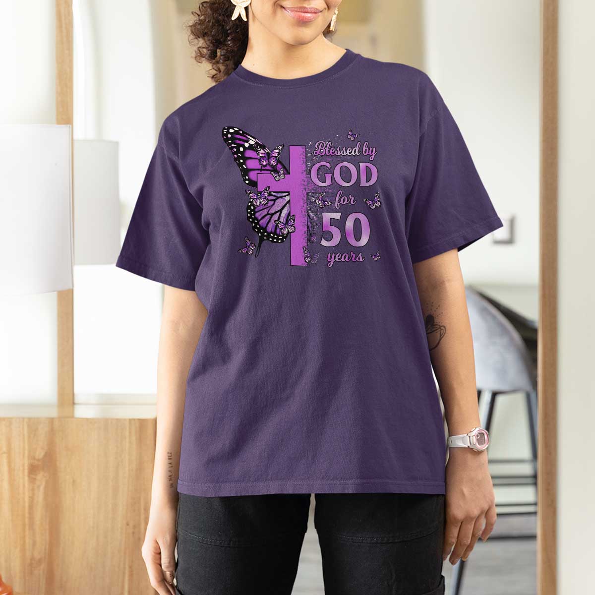50th Birthday Gifts For Her T Shirt For Women Blessed By God For 50 Years Christian Butterfly Cross
