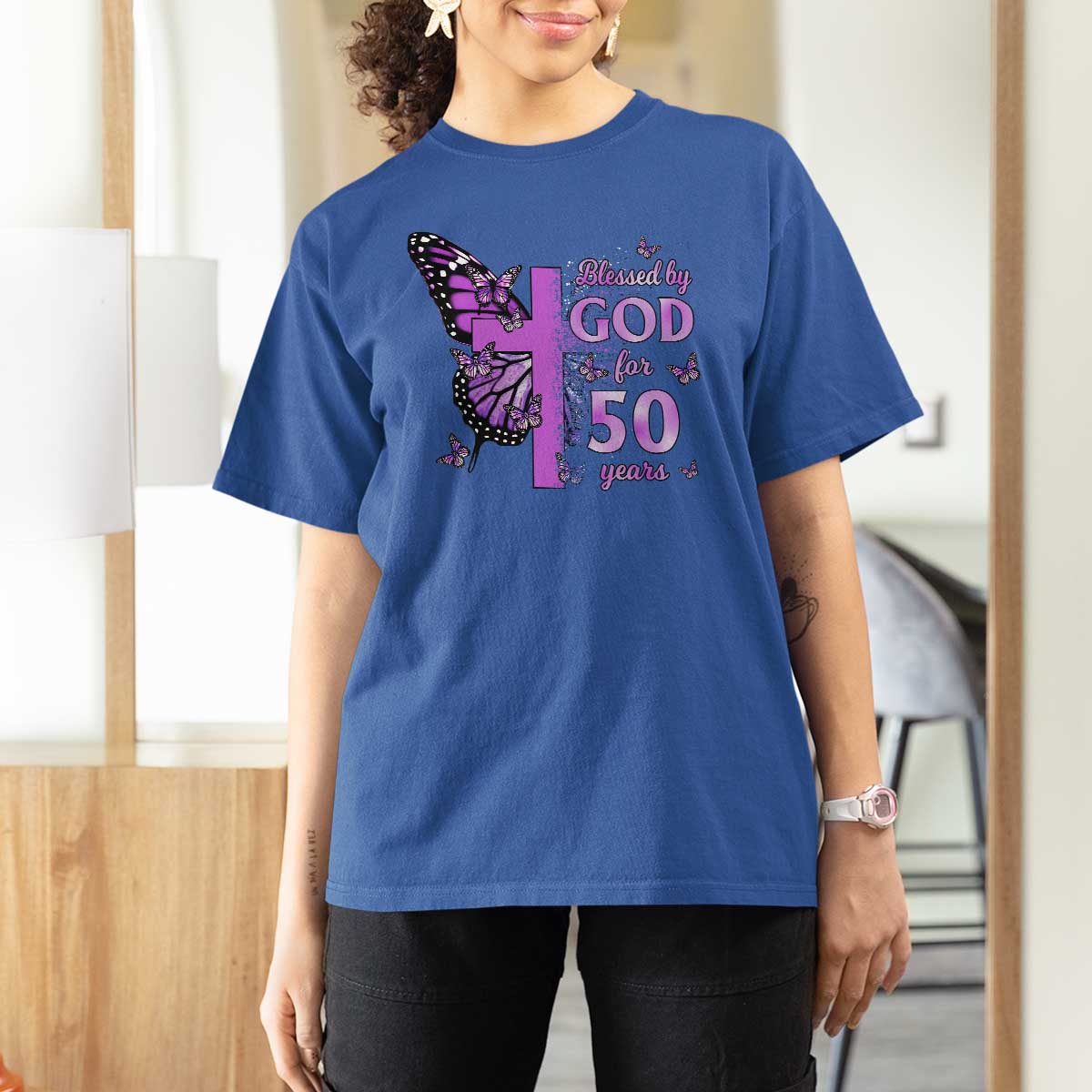 50th Birthday Gifts For Her T Shirt For Women Blessed By God For 50 Years Christian Butterfly Cross
