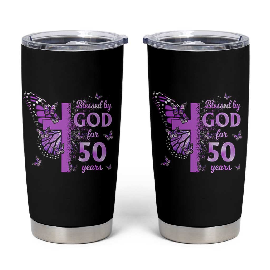 50th Birthday Gifts For Her Tumbler Cup Blessed By God For 50 Years Christian Butterfly Cross