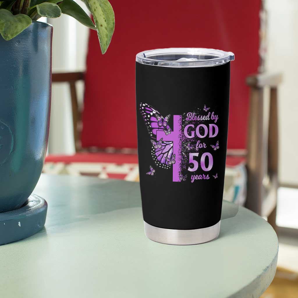 50th Birthday Gifts For Her Tumbler Cup Blessed By God For 50 Years Christian Butterfly Cross