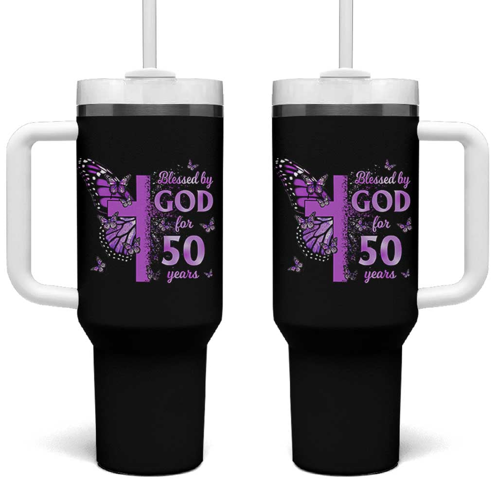 50th Birthday Gifts For Her Tumbler With Handle Blessed By God For 50 Years Christian Butterfly Cross