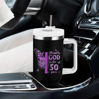 50th Birthday Gifts For Her Tumbler With Handle Blessed By God For 50 Years Christian Butterfly Cross
