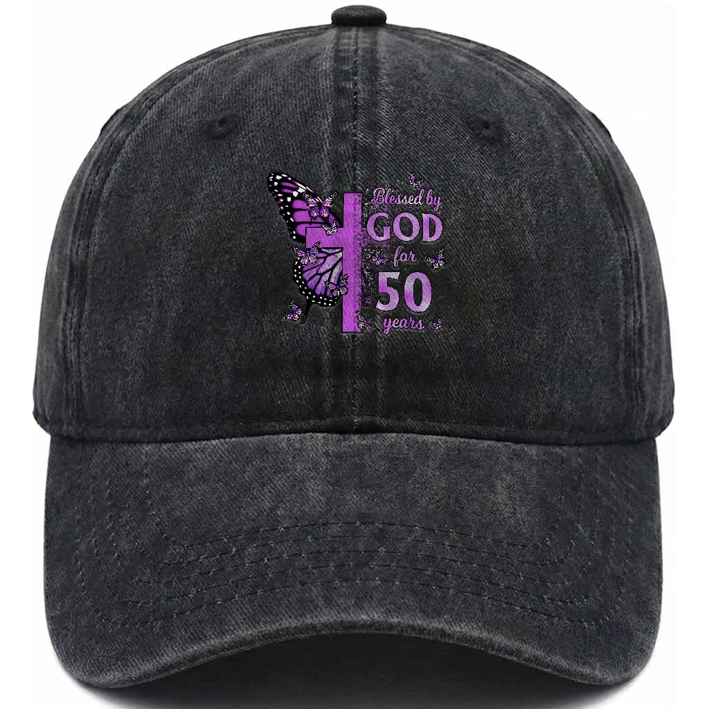 50th Birthday Gifts For Her Washed Cotton Baseball Cap Blessed By God For 50 Years Christian Butterfly Cross