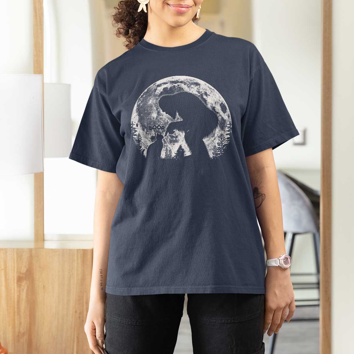Fun Hand Boop Nose Bigfoot Cat T Shirt For Women Sasquatch Full Moon