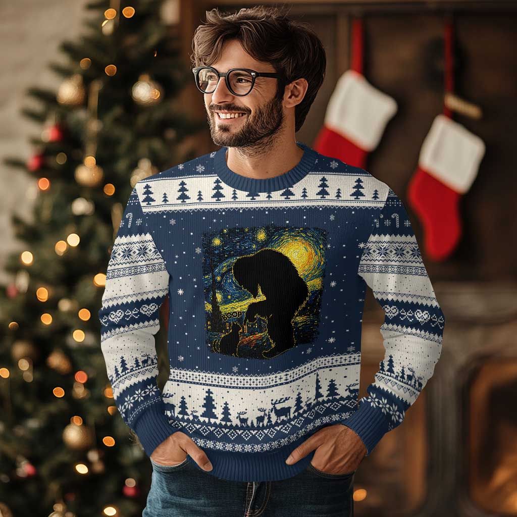 Fun Hand Boop Nose Bigfoot Cat Ugly Christmas Sweater Sasquatch Starry Night Van Gogh