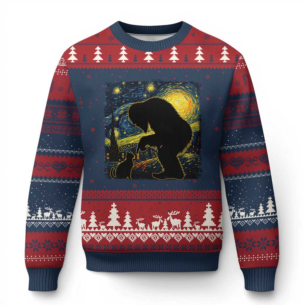 Fun Hand Boop Nose Bigfoot Cat Ugly Christmas Sweater Sasquatch Starry Night Van Gogh